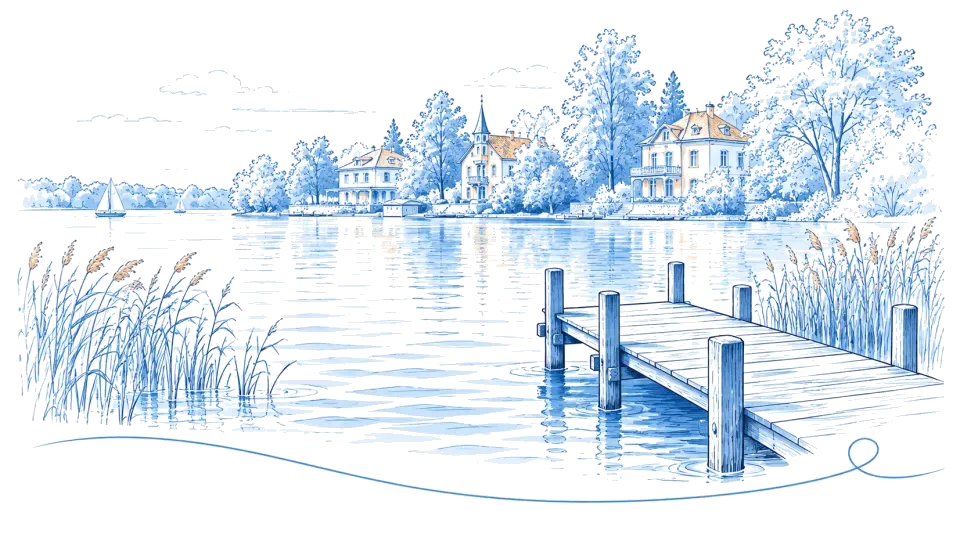 Illustration: Badesteg und Schilf am See mit Villen am Ufer in Wandlitz