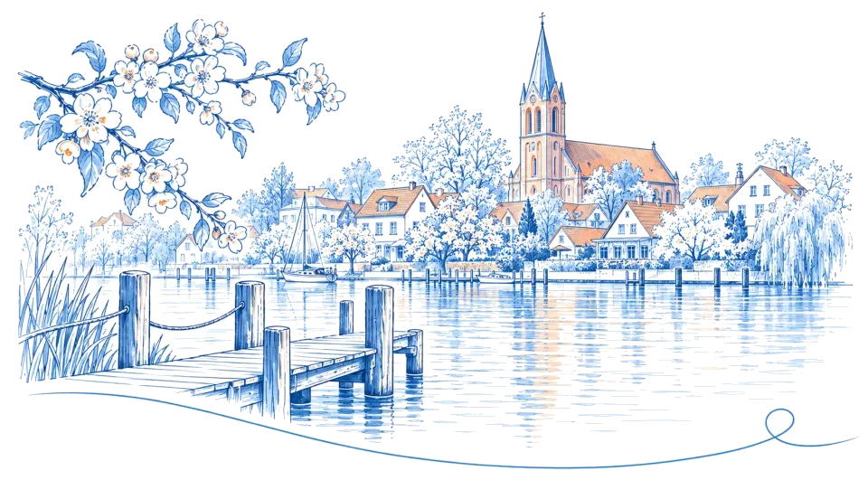 Illustration: Blütenzweige, Bootssteg und Kirchturm am Wasser in Werder (Havel)