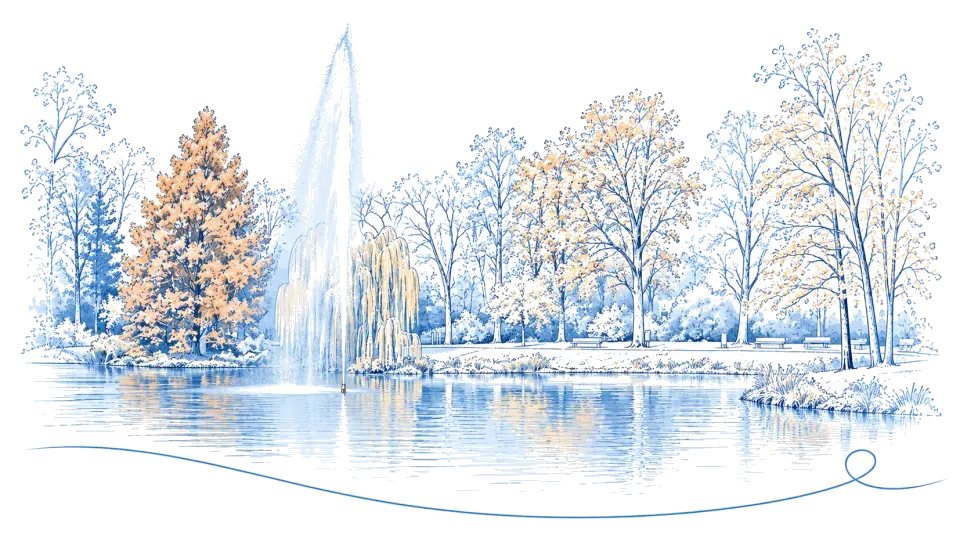 Illustration: Teich mit Fontäne im Stadtpark im Regensburger Westenviertel