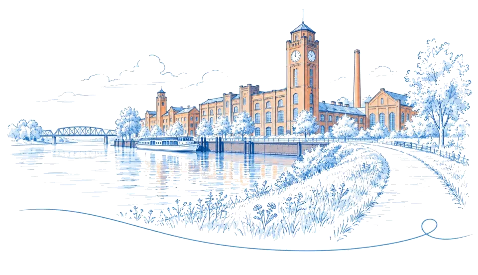 Illustration: altes Fabrikgelände mit Uhrenturm am Elbufer in Wittenberge