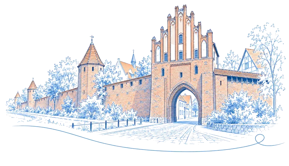 Illustration: Backstein-Stadttor und mittelalterliche Stadtmauer mit Türmen in Wittstock/Dosse
