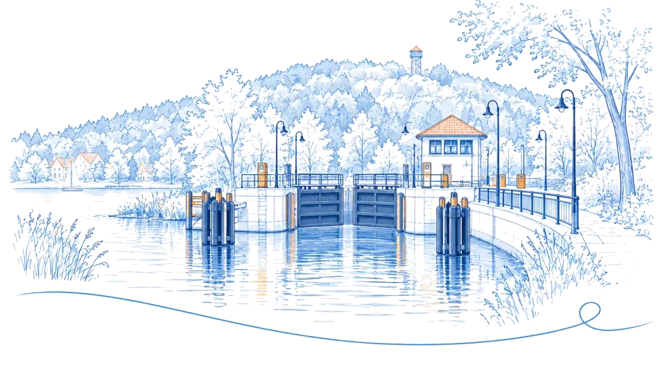 Illustration: Schleuse mit Schleusenhaus und Aussichtsturm auf dem bewaldeten Hügel in Woltersdorf
