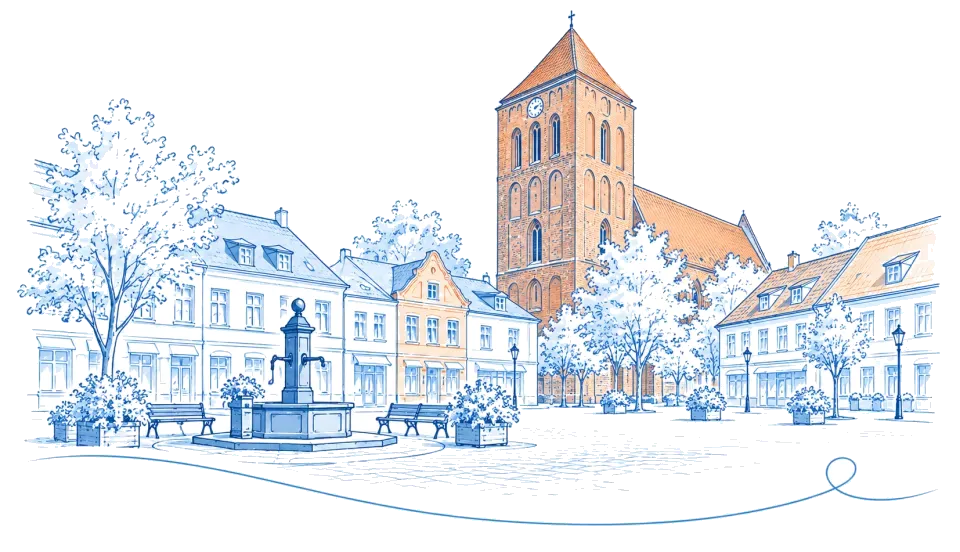 Illustration: Marktplatz mit Schwengelpumpe und Backstein-Kirchturm in Wriezen