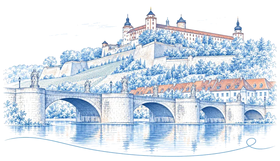 Illustration: Festung Marienberg über der Alten Mainbrücke in Würzburg