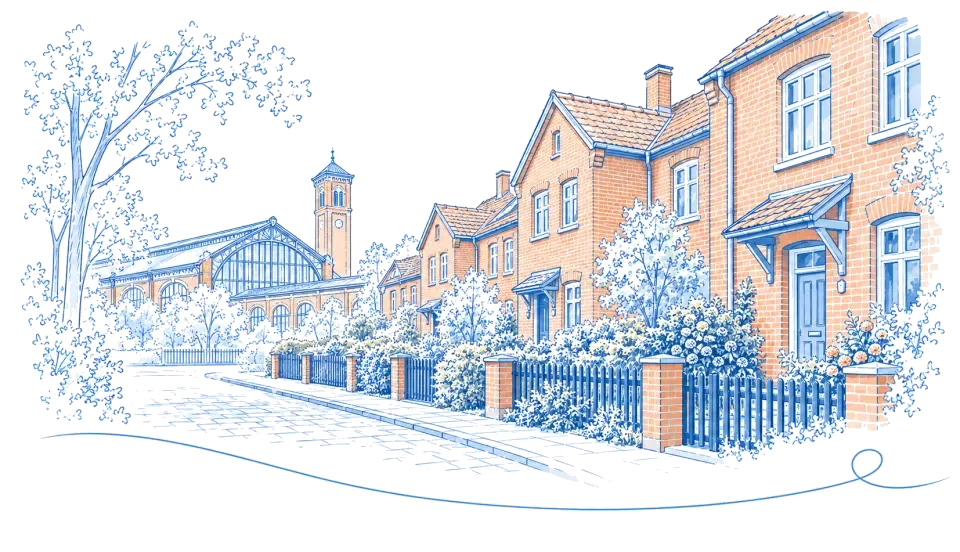 Illustration: Backstein-Wohnhäuser und historische Bahnhofshalle in Wustermark