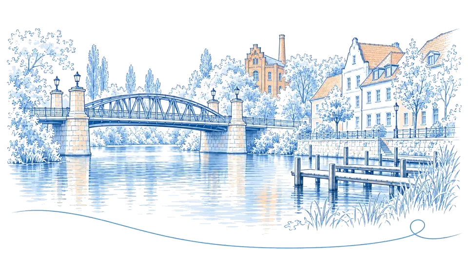 Illustration: Bogenbrücke über die Havel mit Bootssteg und Backsteinbauten in Zehdenick