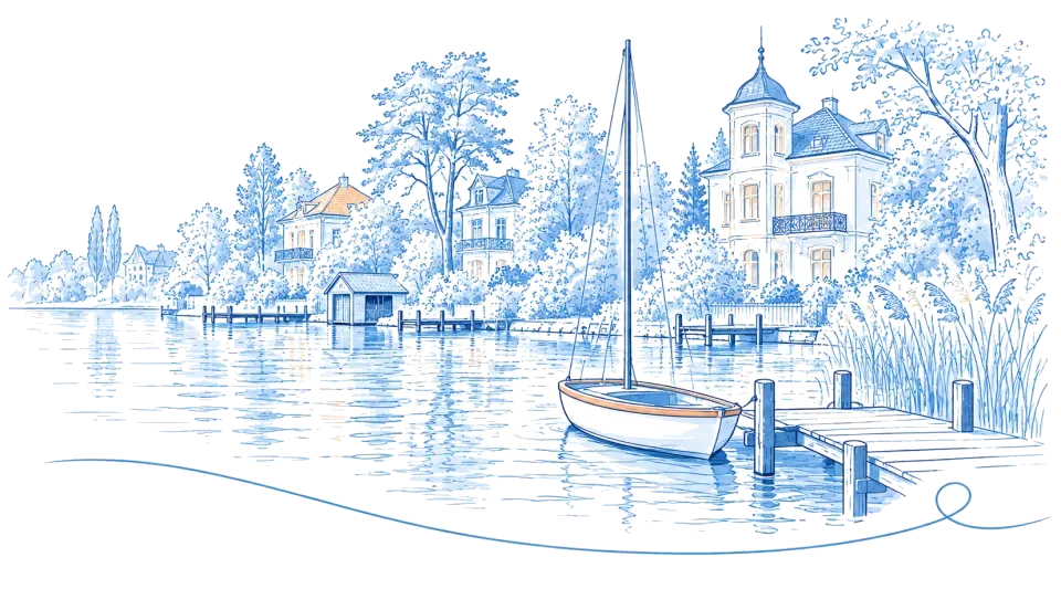 Illustration: Segelboot am Steg mit Villen am Seeufer in Zeuthen