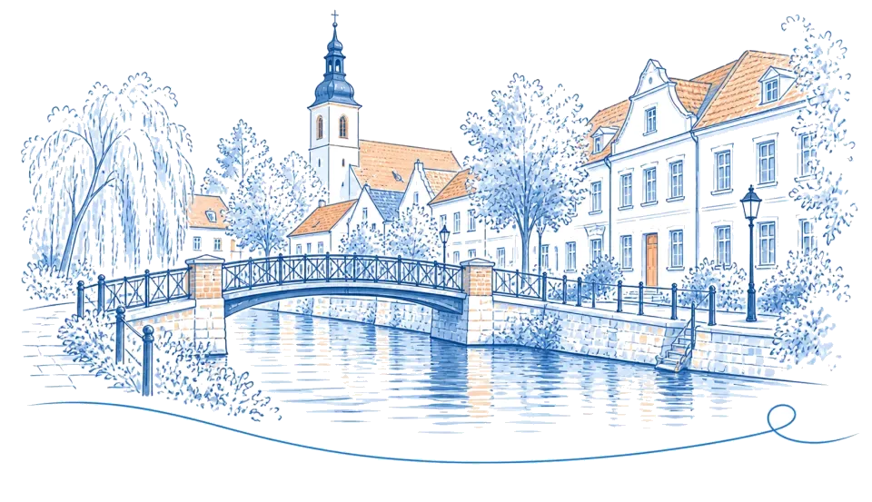 Illustration: Fußgängerbrücke über den Kanal mit Kirchturm und Altstadthäusern in Zossen