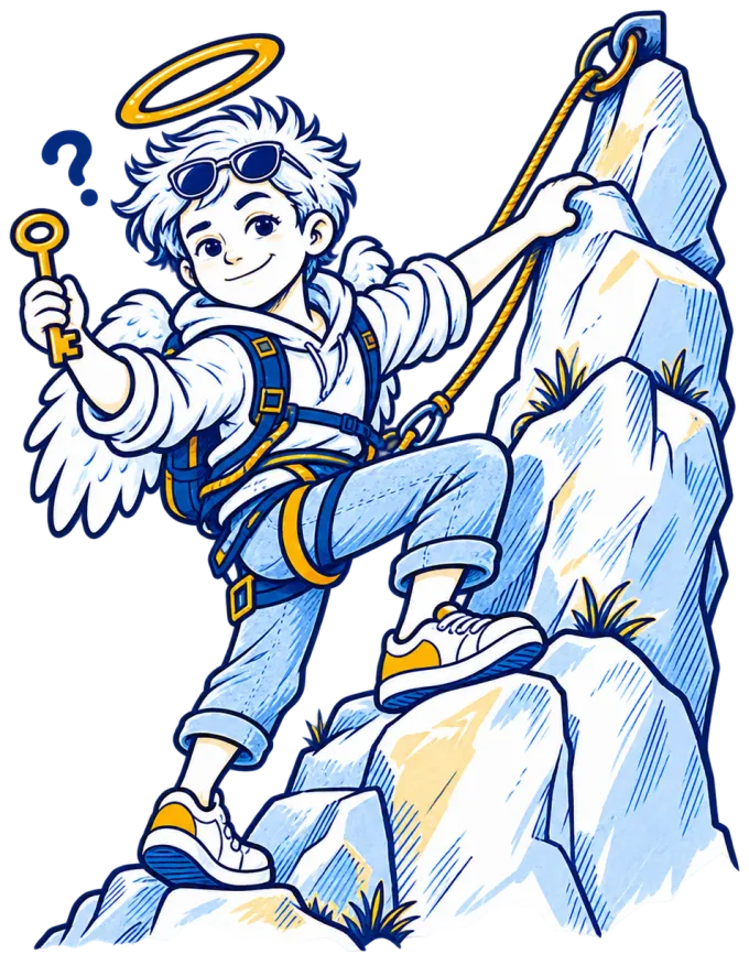 Illustration: Der Aufsperrengel klettert mit Schlüssel und Fragezeichen einen Felsen hinauf
