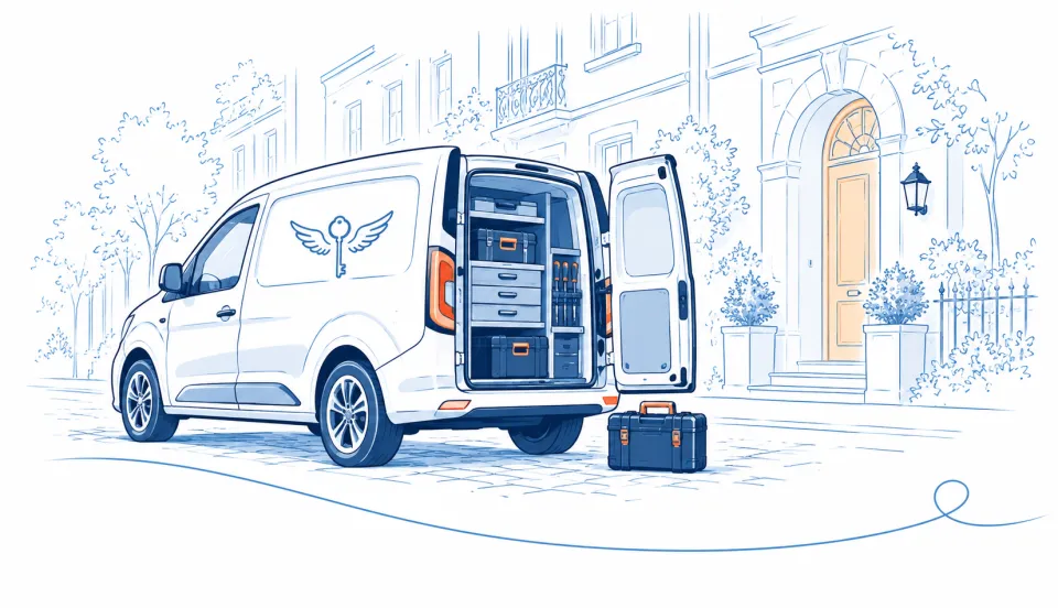 Illustration: Servicefahrzeug der Aufsperrengel mit geöffneten Hecktüren