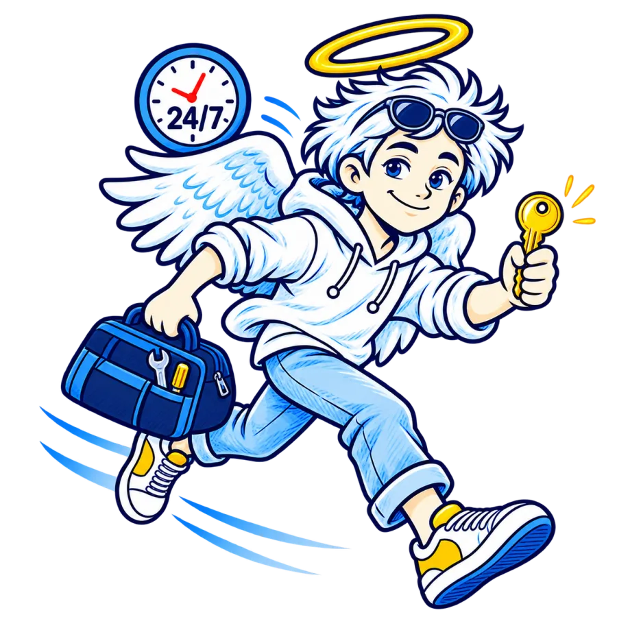 Der Aufsperrengel eilt mit Werkzeugtasche und Schlüssel los, daneben eine Uhr mit 24/7