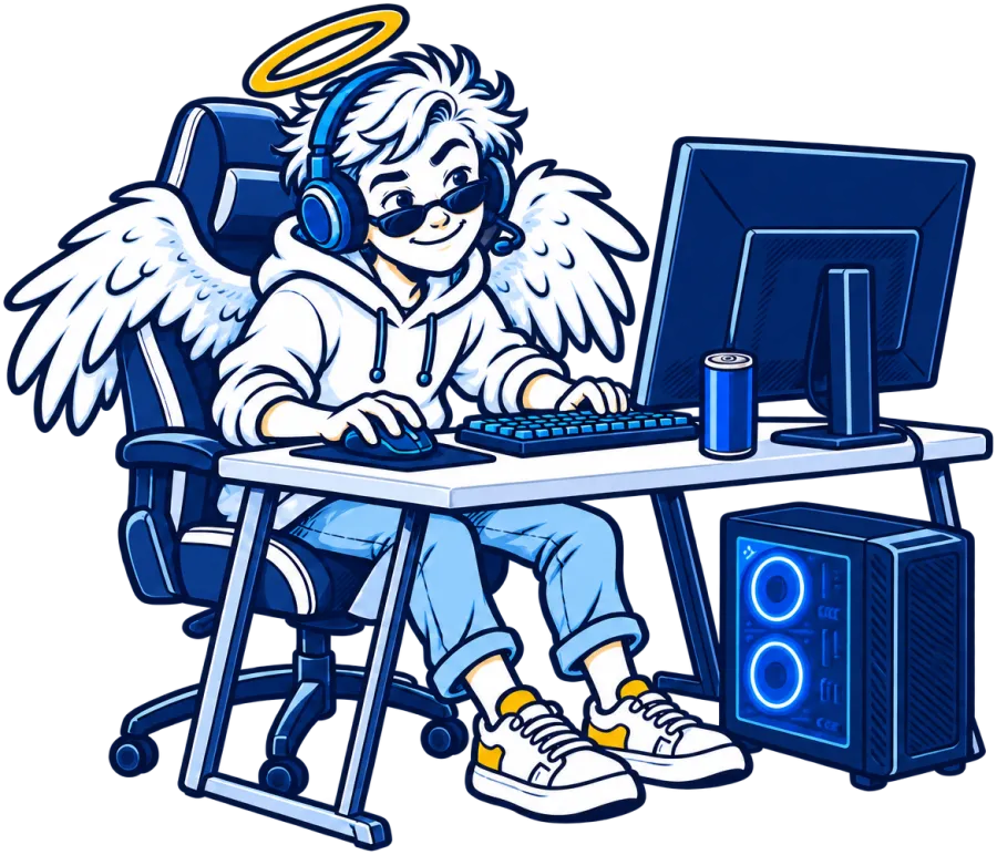 Illustration: Der Aufsperrengel sitzt mit Headset am Computer
