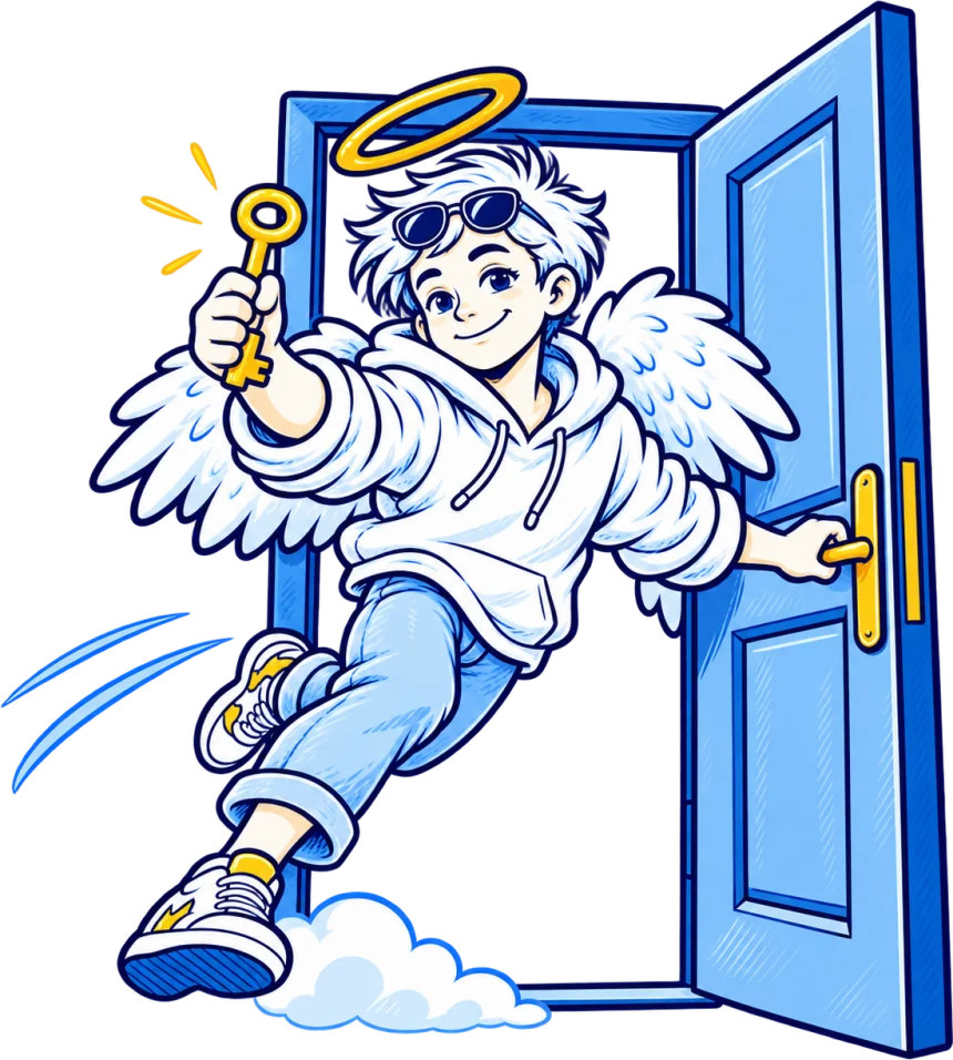 Illustration: Der Aufsperrengel öffnet mit einem Schlüssel in der Hand eine blaue Tür