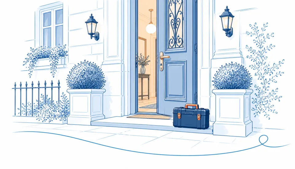 Illustration: geöffnete Haustür mit Werkzeugkoffer auf der Schwelle