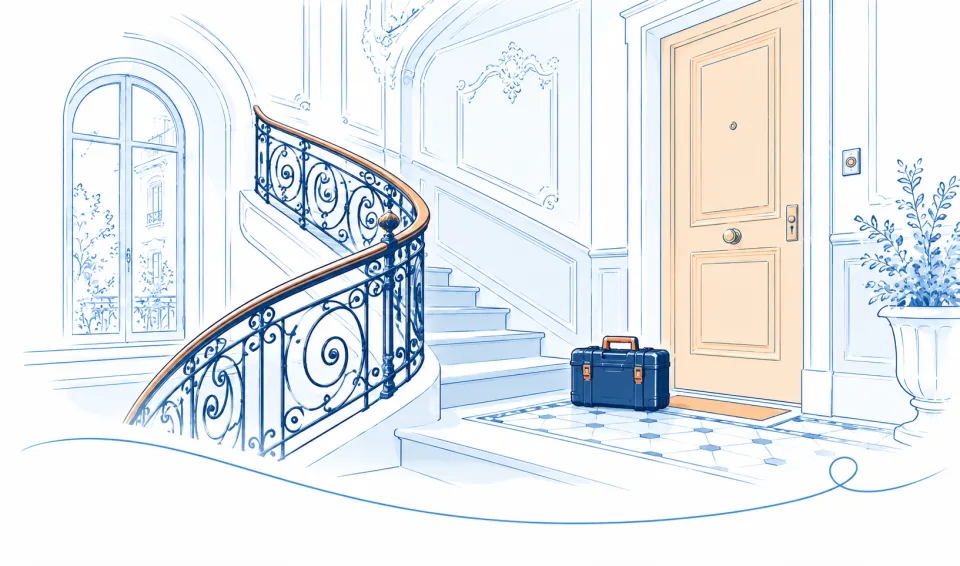 Illustration: Werkzeugkoffer vor einer Wohnungstür im Altbau-Treppenhaus